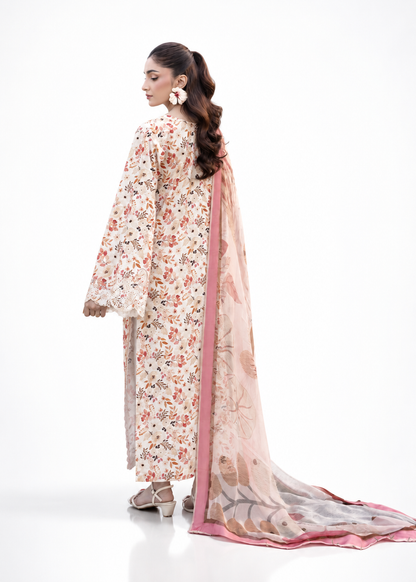 Peach Orange Embroidered Lawn 3 Piece Unstitched Suit with Chiffon Dupatta