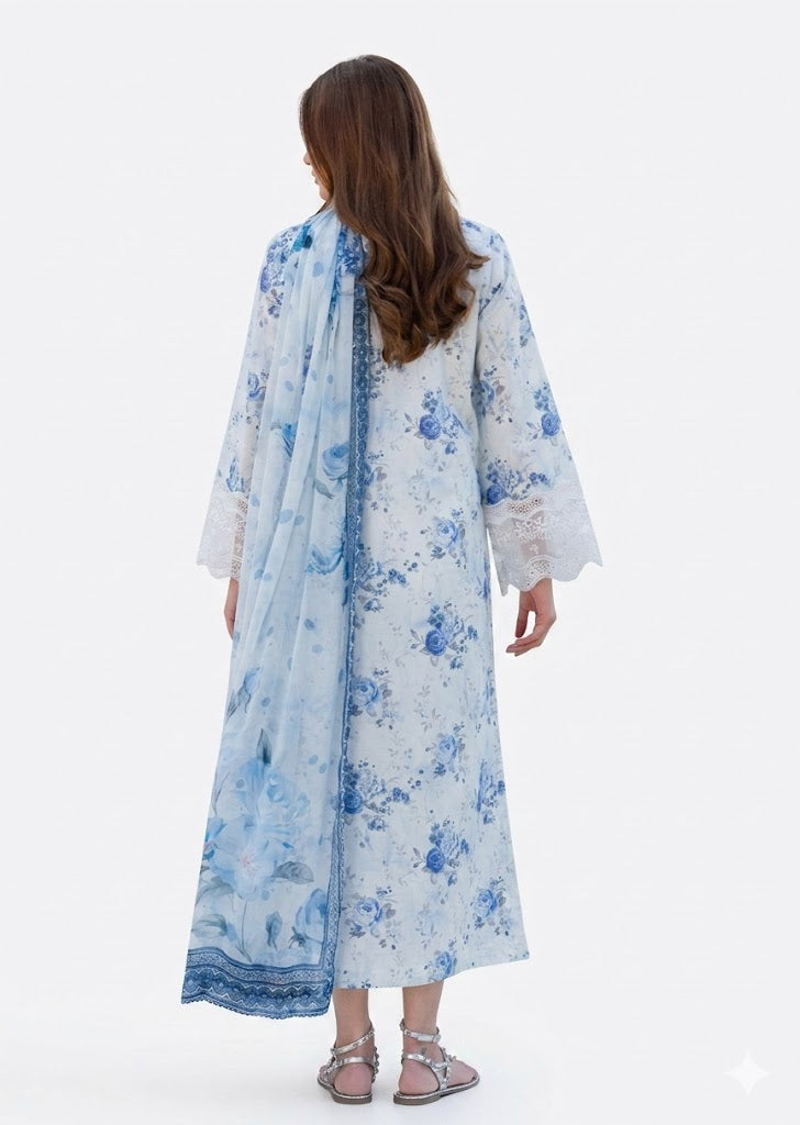 Powder Blue Embroidered Lawn 3 Piece Unstitched Suit with Chiffon Dupatta