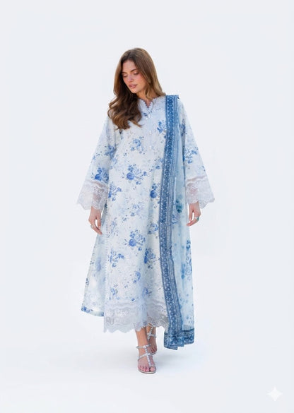 Powder Blue Embroidered Lawn 3 Piece Unstitched Suit with Chiffon Dupatta