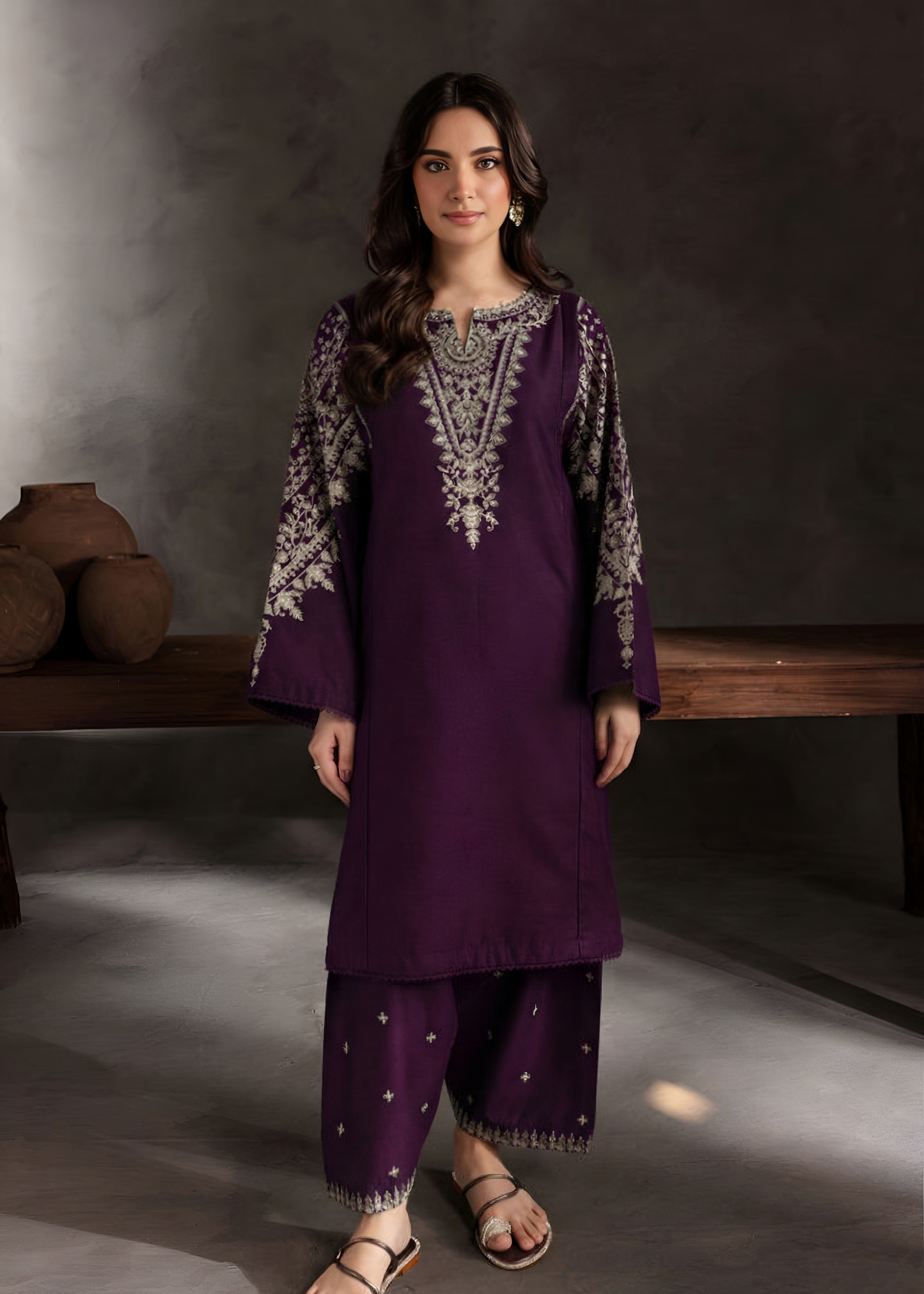 Purple Straight Cut Embroidered Kurta & Farshi Shalwar Set for Women