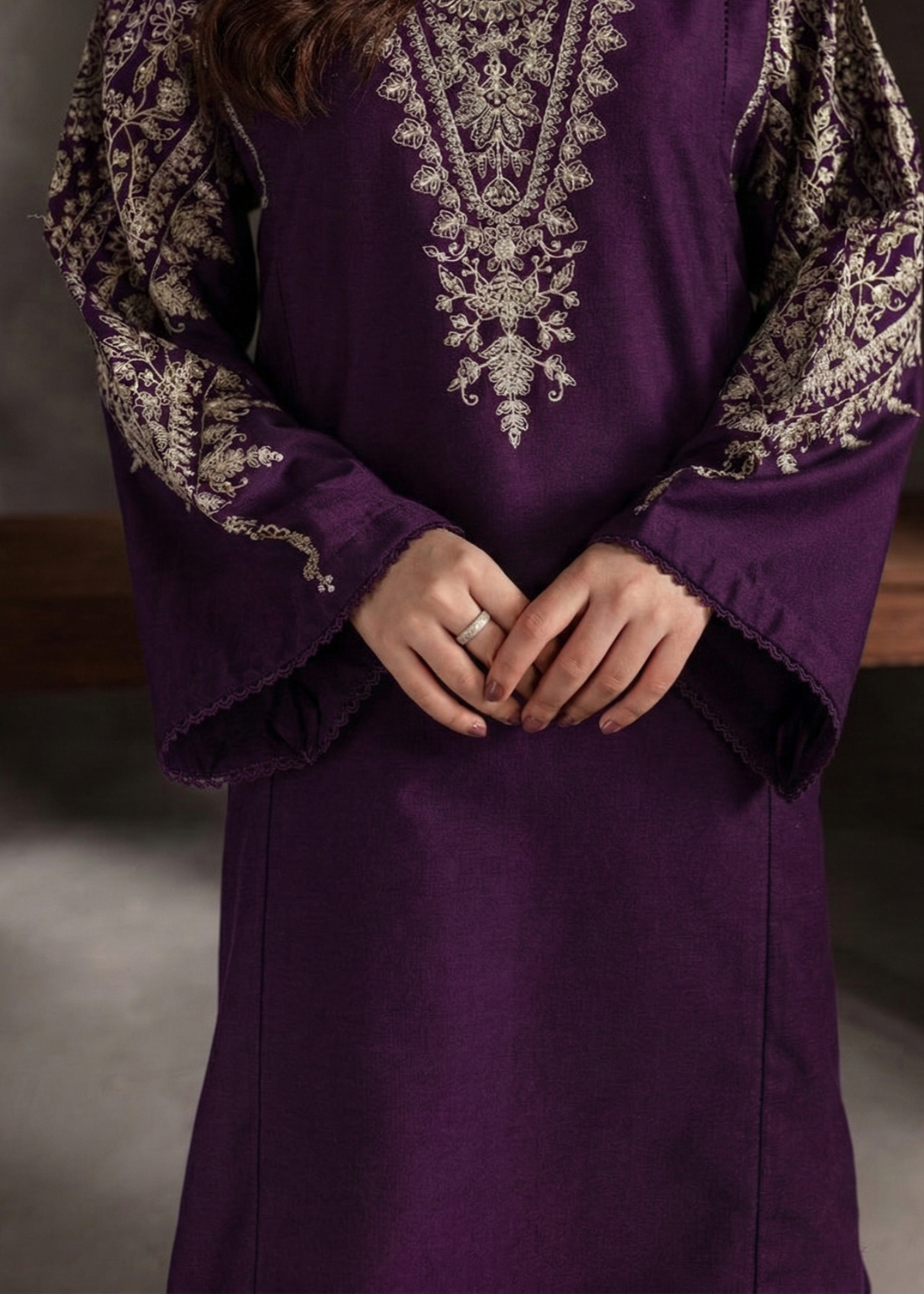 Purple Straight Cut Embroidered Kurta & Farshi Shalwar Set for Women