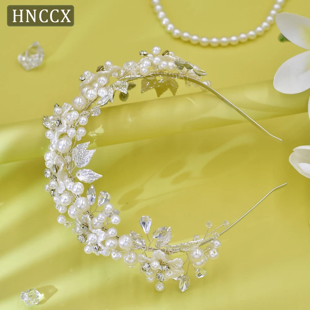 HNCCX Silver Color Alloy Leaves Hair Accessories For Elegant Girls Bride Wedding Hair Jewelry Pearl Headpieces