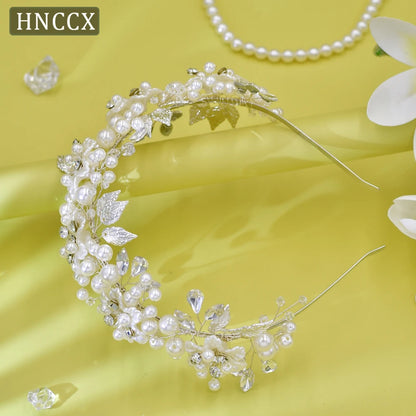 HNCCX Silver Color Alloy Leaves Hair Accessories For Elegant Girls Bride Wedding Hair Jewelry Pearl Headpieces