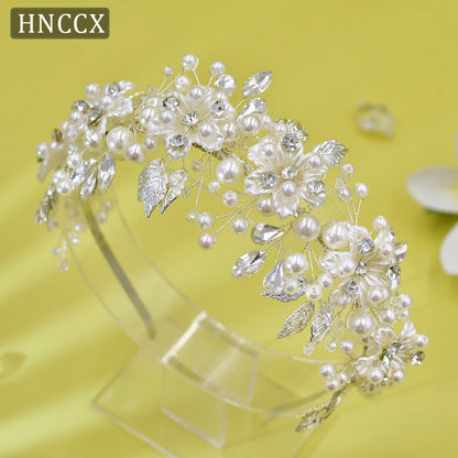 HNCCX Silver Color Alloy Leaves Hair Accessories For Elegant Girls Bride Wedding Hair Jewelry Pearl Headpieces