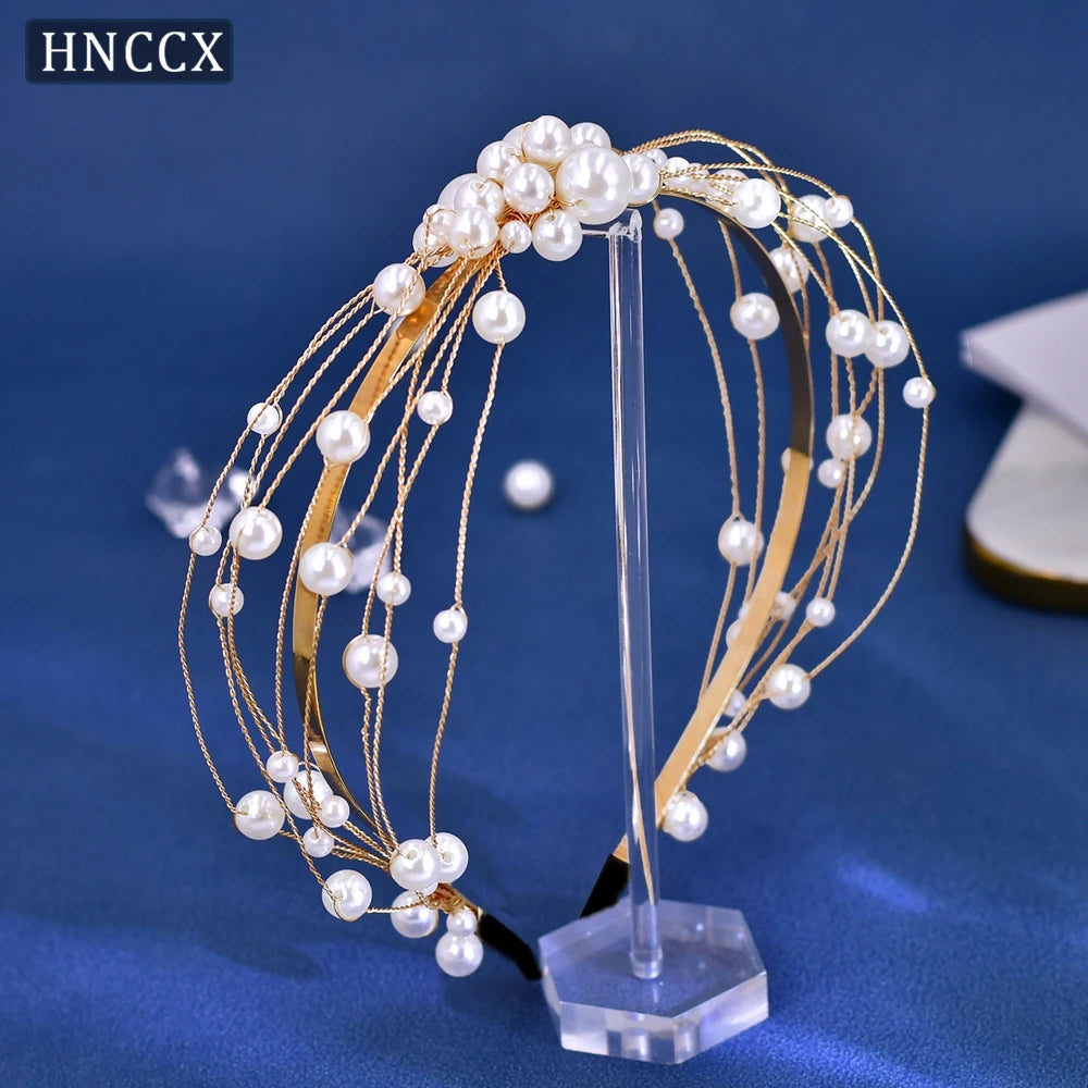 HNCCX Silver Color Alloy Leaves Hair Accessories For Elegant Girls Bride Wedding Hair Jewelry Pearl Headpieces