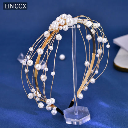 HNCCX Silver Color Alloy Leaves Hair Accessories For Elegant Girls Bride Wedding Hair Jewelry Pearl Headpieces