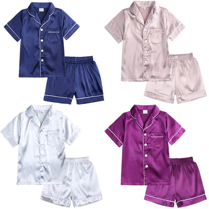 Comfortable Summer Pajama Sets for Boys Girls Silk Satin Top+Pant Long Sleeve Solid Silky Pyjamas Nightgown Children Sleepwear