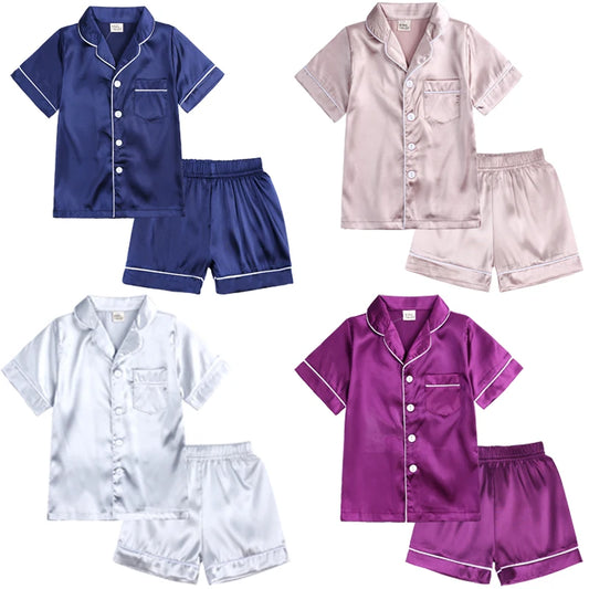 Comfortable Summer Pajama Sets for Boys Girls Silk Satin Top+Pant Long Sleeve Solid Silky Pyjamas Nightgown Children Sleepwear