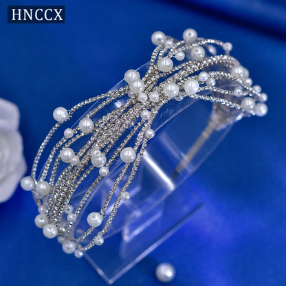 HNCCX Silver Color Alloy Leaves Hair Accessories For Elegant Girls Bride Wedding Hair Jewelry Pearl Headpieces