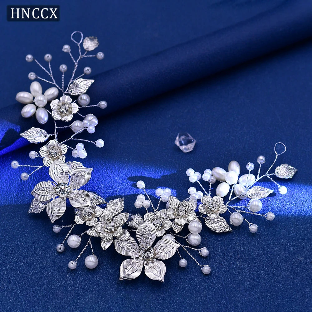 HNCCX Silver Color Alloy Leaves Hair Accessories For Elegant Girls Bride Wedding Hair Jewelry Pearl Headpieces