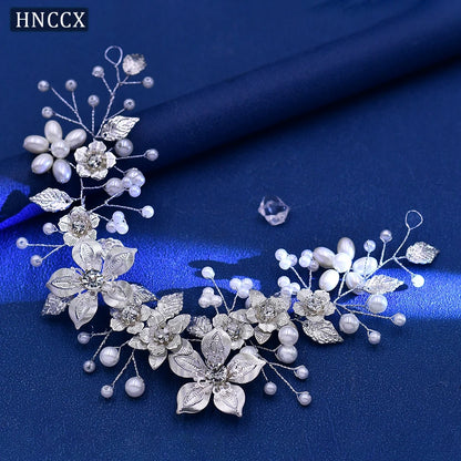 HNCCX Silver Color Alloy Leaves Hair Accessories For Elegant Girls Bride Wedding Hair Jewelry Pearl Headpieces