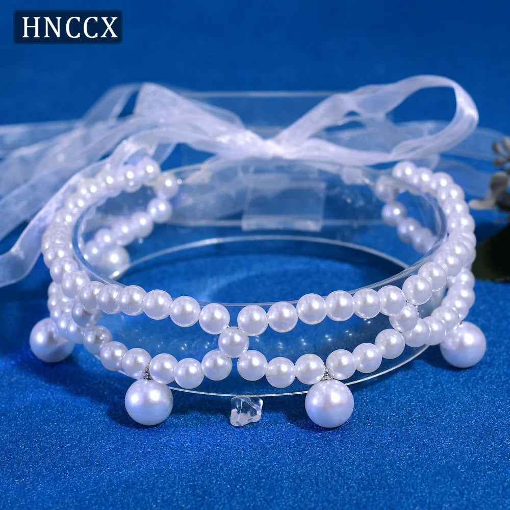 HNCCX Silver Color Alloy Leaves Hair Accessories For Elegant Girls Bride Wedding Hair Jewelry Pearl Headpieces