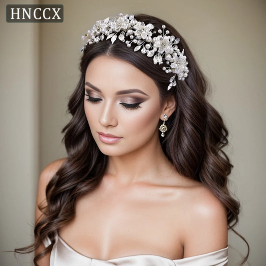 HNCCX Silver Color Alloy Leaves Hair Accessories For Elegant Girls Bride Wedding Hair Jewelry Pearl Headpieces