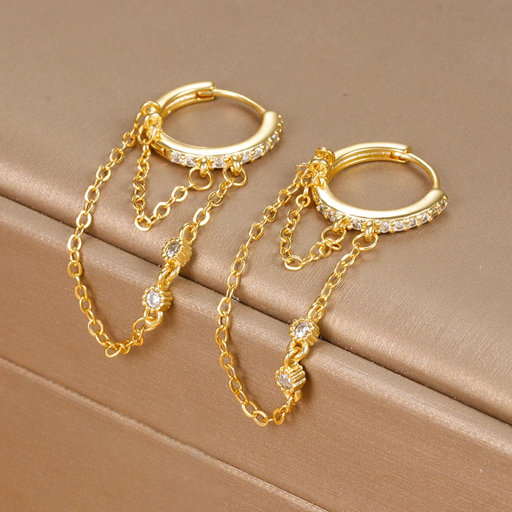New Arrival Double Chains Long Tassel Drop Earrings For Women Korean Stainless Steel Zircon Hanging Earring Piercing Jewelry