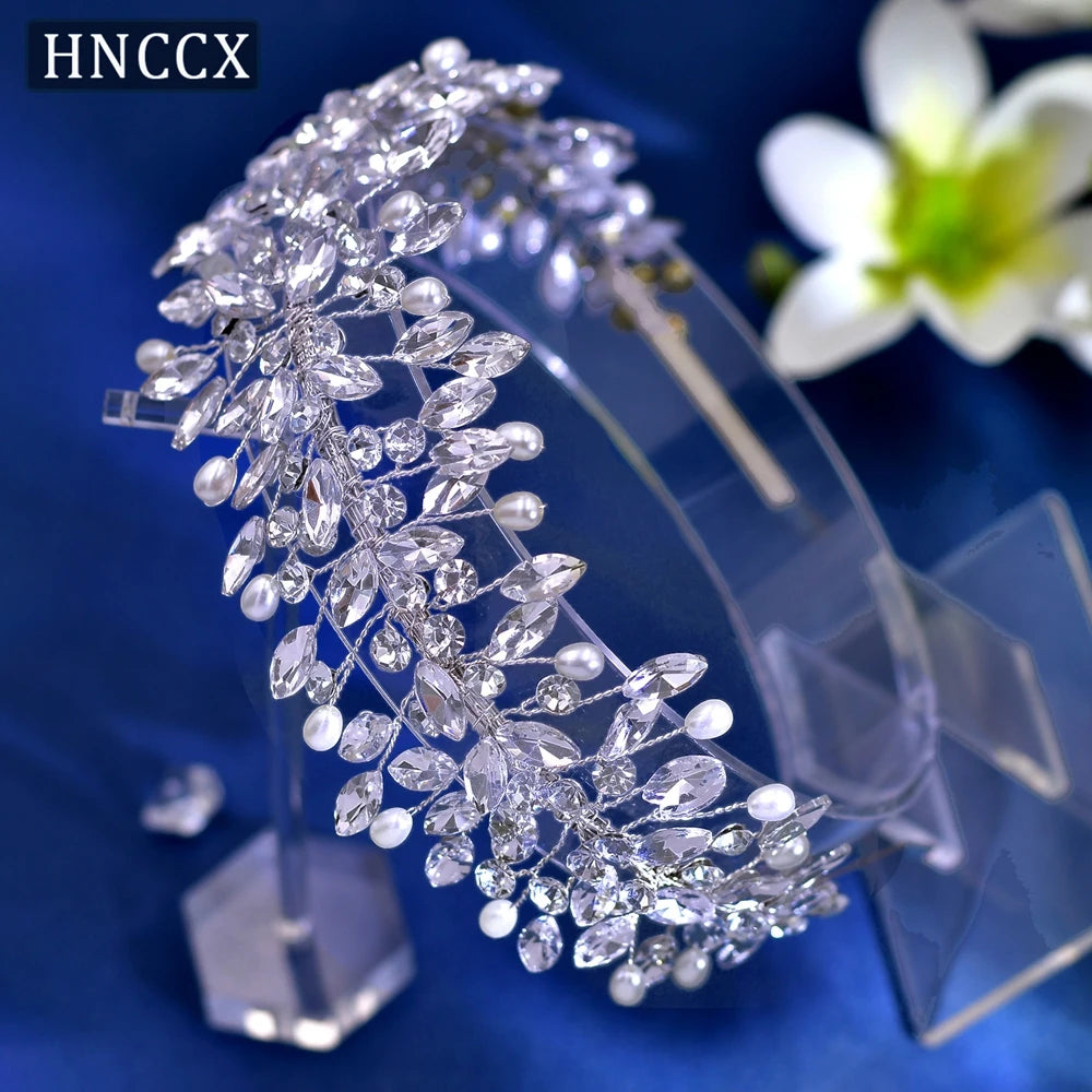HNCCX Silver Color Alloy Leaves Hair Accessories For Elegant Girls Bride Wedding Hair Jewelry Pearl Headpieces