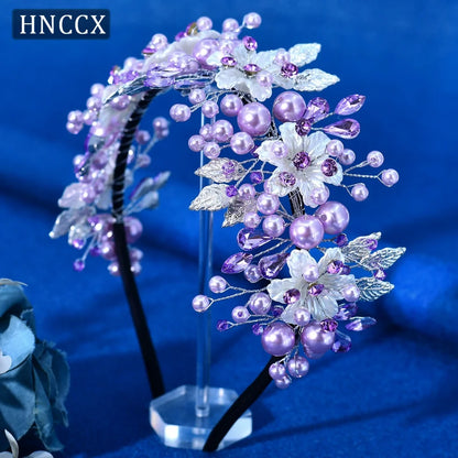 HNCCX Silver Color Alloy Leaves Hair Accessories For Elegant Girls Bride Wedding Hair Jewelry Pearl Headpieces