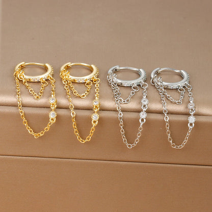 New Arrival Double Chains Long Tassel Drop Earrings For Women Korean Stainless Steel Zircon Hanging Earring Piercing Jewelry