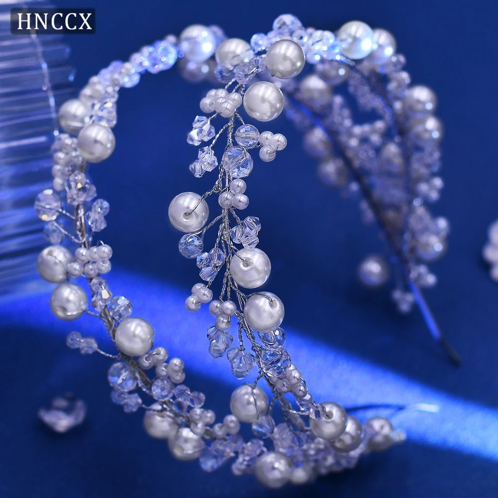 HNCCX Silver Color Alloy Leaves Hair Accessories For Elegant Girls Bride Wedding Hair Jewelry Pearl Headpieces