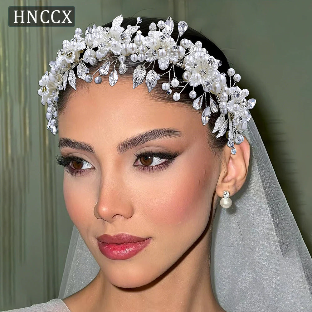 HNCCX Silver Color Alloy Leaves Hair Accessories For Elegant Girls Bride Wedding Hair Jewelry Pearl Headpieces
