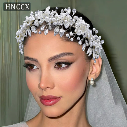 HNCCX Silver Color Alloy Leaves Hair Accessories For Elegant Girls Bride Wedding Hair Jewelry Pearl Headpieces