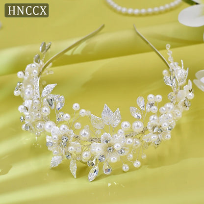 HNCCX Silver Color Alloy Leaves Hair Accessories For Elegant Girls Bride Wedding Hair Jewelry Pearl Headpieces