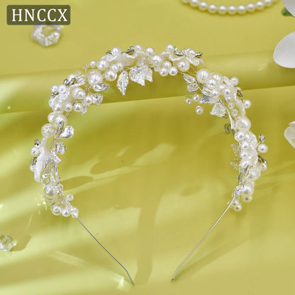 HNCCX Silver Color Alloy Leaves Hair Accessories For Elegant Girls Bride Wedding Hair Jewelry Pearl Headpieces