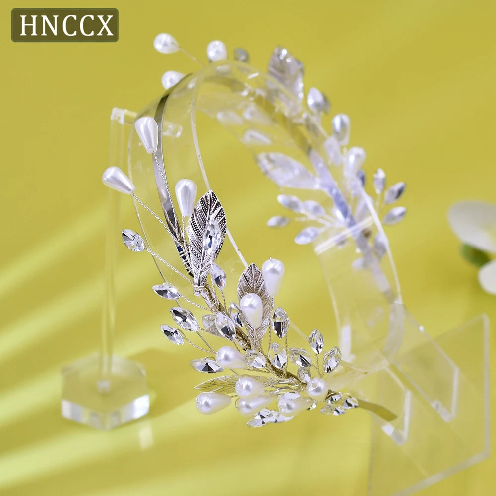 HNCCX Silver Color Alloy Leaves Hair Accessories For Elegant Girls Bride Wedding Hair Jewelry Pearl Headpieces