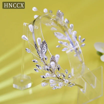 HNCCX Silver Color Alloy Leaves Hair Accessories For Elegant Girls Bride Wedding Hair Jewelry Pearl Headpieces