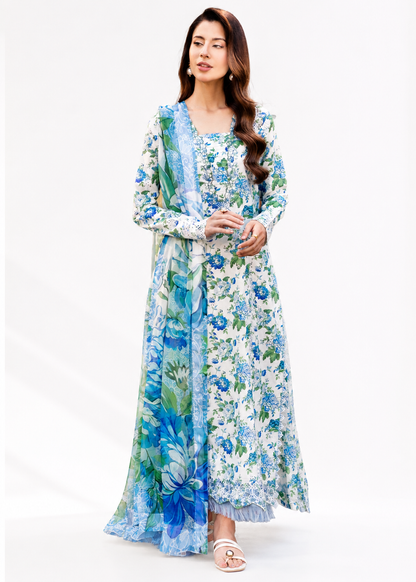 White Embroidered Lawn 3 Piece Unstitched Suit with Chiffon Dupatta