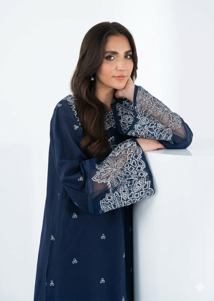 White & Navy Blue A-Line Lawn Kurta Set for Women – 2 Piece Summer Outfit