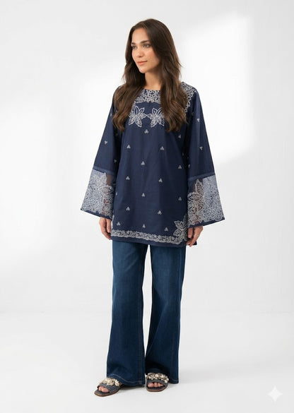 White & Navy Blue A-Line Lawn Kurta Set for Women – 2 Piece Summer Outfit