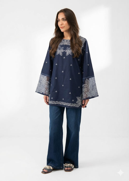 White & Navy Blue A-Line Lawn Kurta Set for Women – 2 Piece Summer Outfit