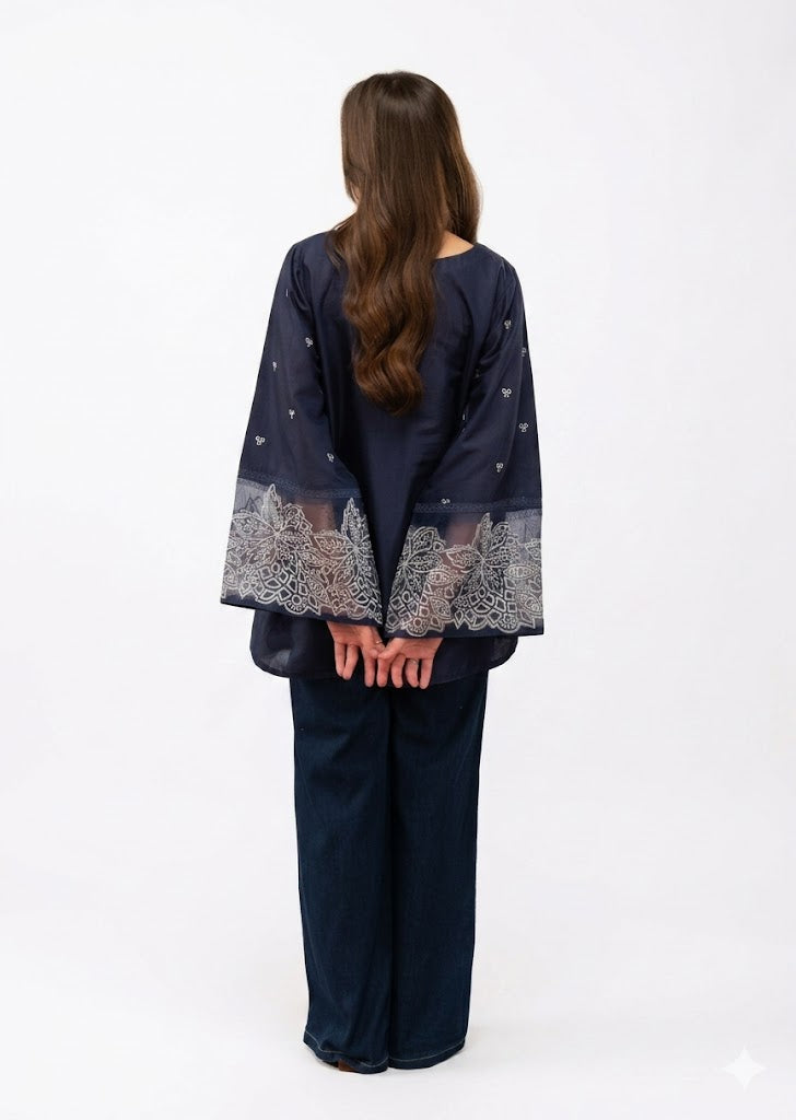 White & Navy Blue A-Line Lawn Kurta Set for Women – 2 Piece Summer Outfit