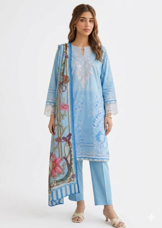 Sky Blue Lawn Kurta Set – 3 Piece